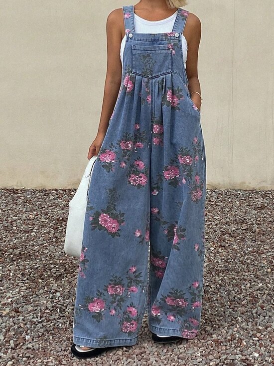 Denim - Blue Boho Women's Denim Pleated Wide-Leg Floral Jumpsuit